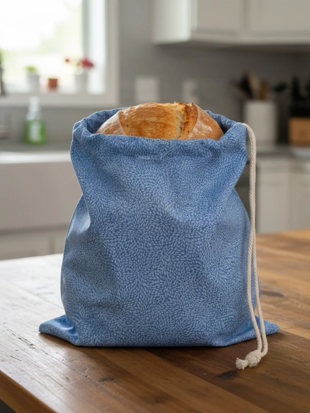 Blue Floral Organic Cotton Bread Bag, Reusable Bread Storage Bag, Sourdough Bag